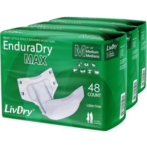 LivDry EnduraDry Max Adult Diapers with Tabs, Up to 12-Hours, Super Absorbent Incontinence Underwear, Leak Protection Briefs, Medium, 48-Pack