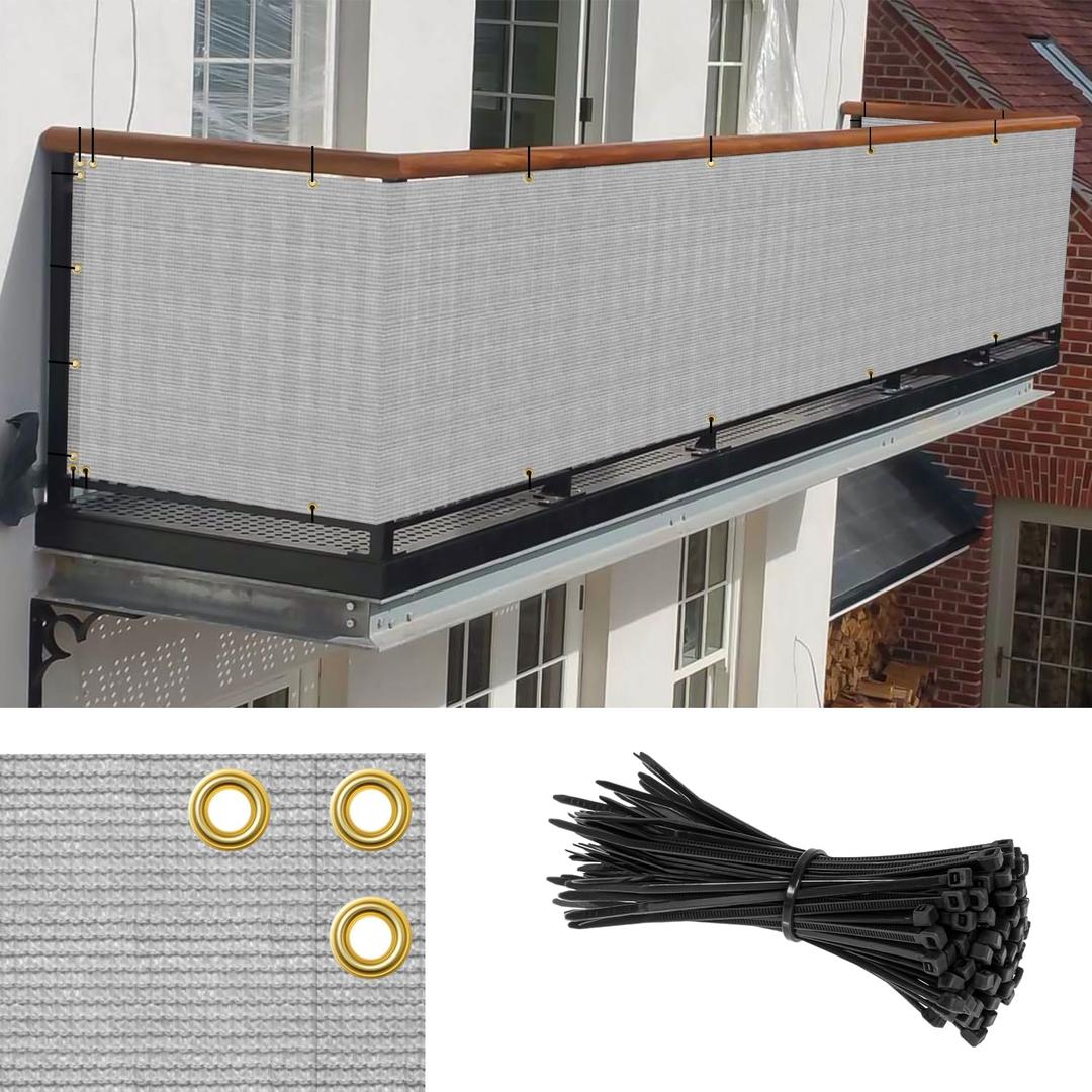 3'x12' Gray Balcony Privacy Screen Fence Outdoor Patio Mesh Shade Net Cover, UV Protection Shade Cloth Temporary Fencing for Apartment Railing Porch Deck
