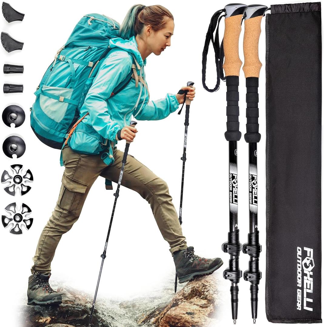 Foxelli Carbon Fiber Trekking Poles  Lightweight Collapsible & Shock-Absorbent Hiking Poles w/Cork Grips, Lever Locks & All Terrain Accessories