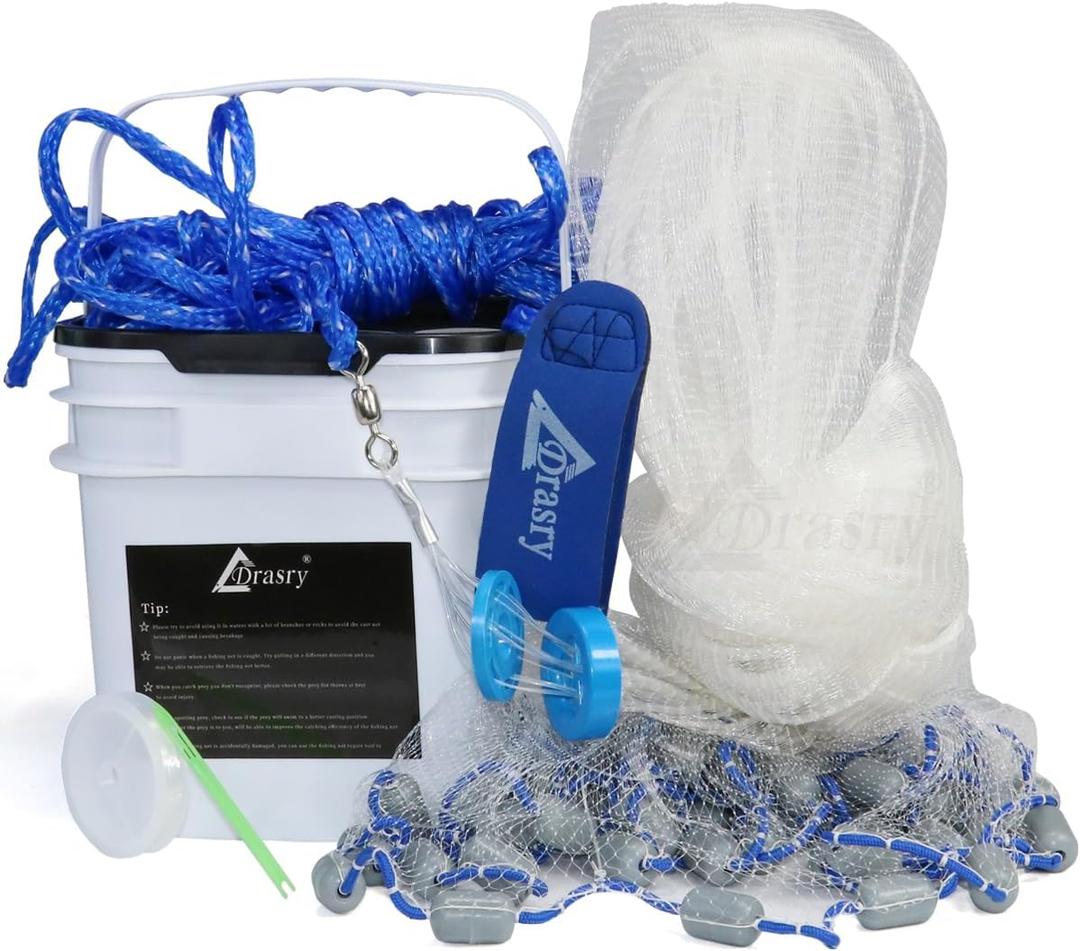 Drasry Saltwater Fishing Cast Net 3/8 and 1/4 Mesh with Heavy Duty Gray Sinker American Monofilament Fish Throw Net for Bait Trap 3FT 4FT 5FT 6FT 7FT 8FT 9FT Radius (4FT Radius)