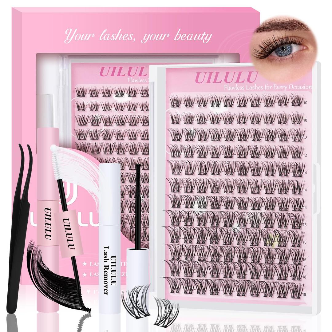 Natural Lash Clusters Kit 10-18mm Mix D Curl DIY Extension Eye Natural Lashes False Wispy EyeLash Cluster with Bond & Seal, Glue Remover, Tweezers(U26 Lash Kits)