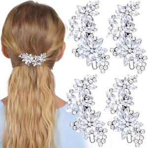 Pndeyo 8 pcs Crystal Flower Hair Clips for Women, Bling Rhinestone Hair Pin Barrettes, Elegant Floral Hair Accessories for Wedding Bridal Shower Dance Prom Pageant Party- Silver