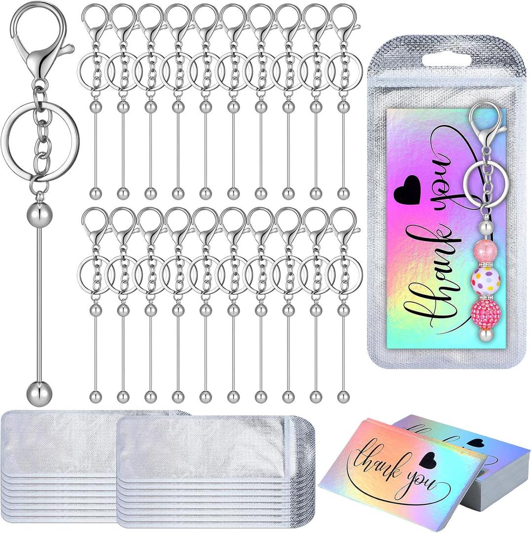 Sasylvia 60 Pcs Beadable Keychain Bars Bulk Making Kit 20 Beaded Keychain 20 Bag 20 Thank You Cards for DIY Keyrings Charms(Silver)