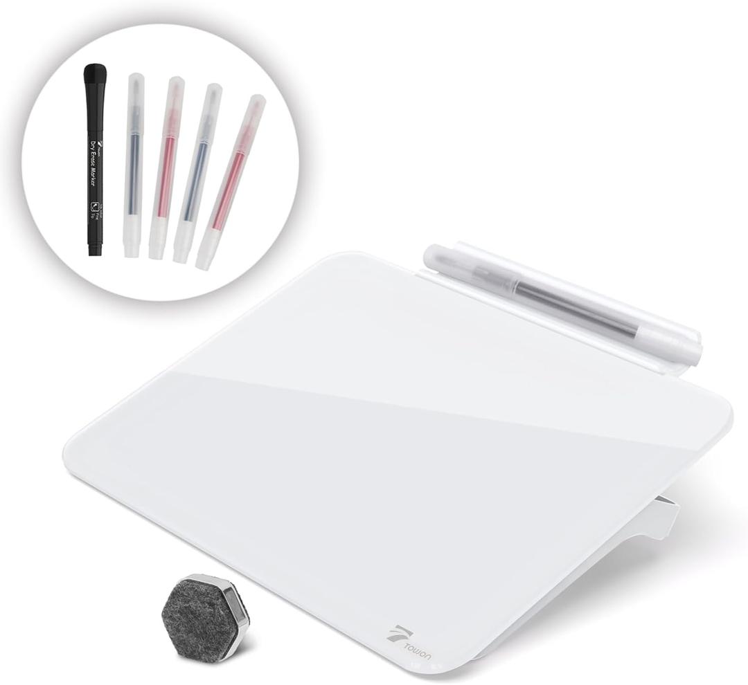 TOWON Small Glass Dry Erase Board, Desk White Board with Standing, Mini Whiteboard Easel Pad Set, Stenography Artifact for Office, Home and School Supplies, 8x6 Inches, White (White)