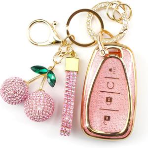 Sparkly Key Fob Cover with Cherry Keychain, Bling TPU Smart Key Case for Women, Compatible with Chevy Trailblazer Blazer Camaro Cruze Traverse (4-Button, Gold Pink)
