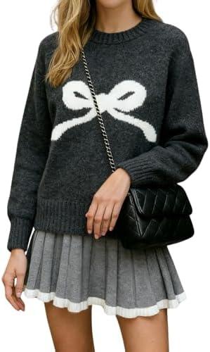 Cute Bow Sweaters for Women Long Sleeve Cozy Pullover Fall Winter Y2K Tops Aesthetic Clothes Outfits (Black, M)