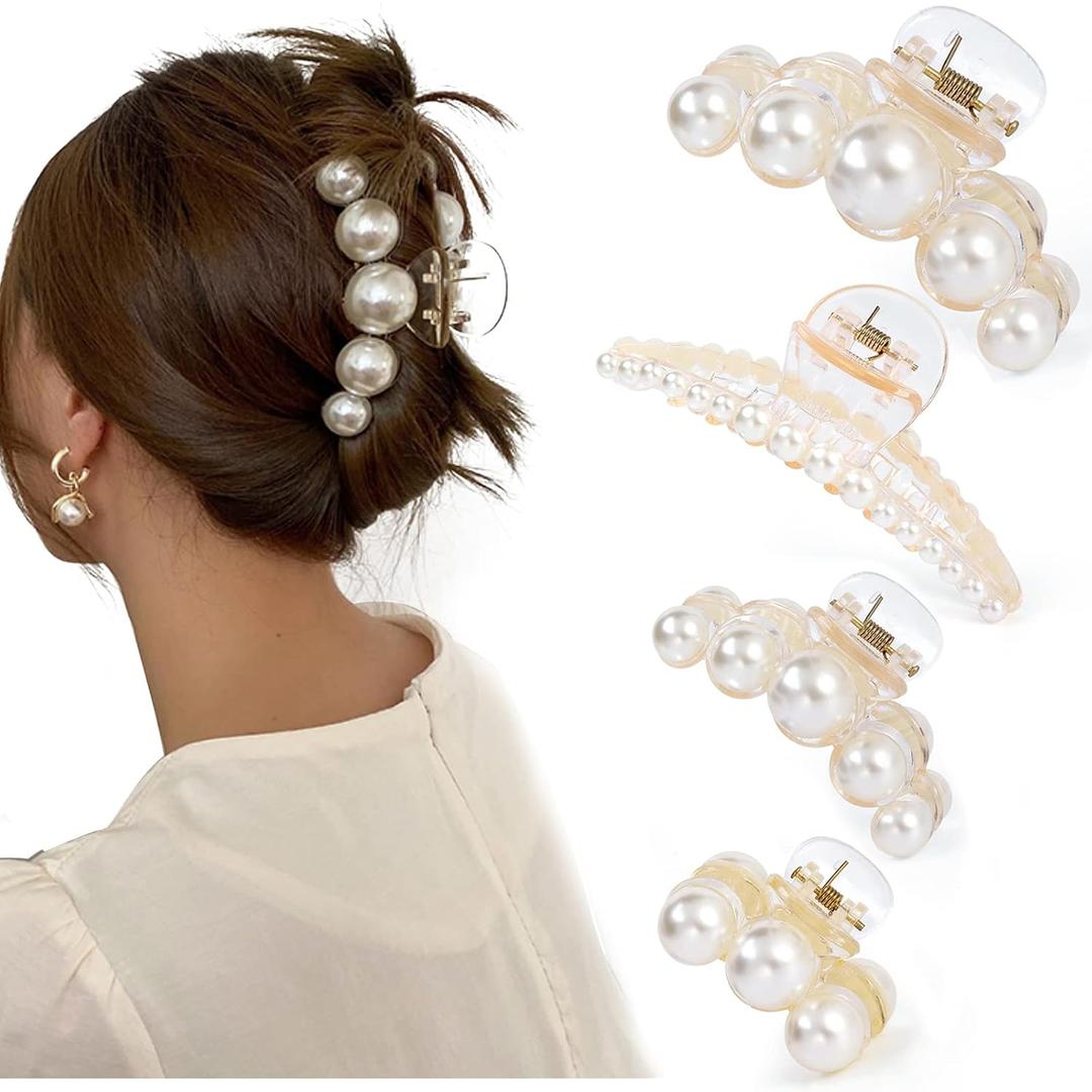 3 x Mehayi 4 PCS Large Pearl Hair Claw Clips for Women Girls, Hair Barrette Clamps for Thick Thin Hair, Fashion Hair Accessories Headwear Styling Tools for Party Wedding