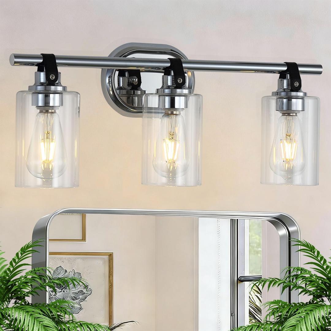 3-Light Bathroom Light Fixtures, Chrome Bathroom Vanity Lights with Clear Glass Shade, Modern Wall Light Sconce for Mirror Farmhouse Rustic Restroom Kitchen Living Room Hallway, 22.44*5.51*9.65"