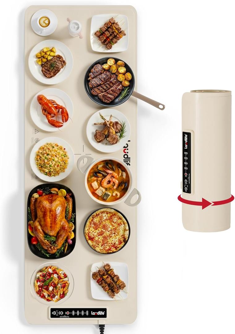 Extra Large Food Warming Mat for Countertop (XXXL 40x16) - Full-Surface Heating Pad with 4 Temps Settings, Ideal for Buffet Party Food Warmer, Roll-Up Electric Warming Tray for All Gathering, Beige