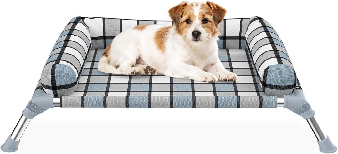 Elevated Pillow Bolster Dog Bed - Raised Dog Beds with Bolster Portable Lifted Washable Pet Cot Bed with Stainless Steel Frame Dogs Hammock Bed for Indoor & Outdoor (Bolster S)