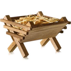 Menkxi Baby Jesus Manger Ornament Wooden Manger with Natural Hay Jesus Nativity Scene Decoration Religious Christmas Decoration Mini Manger for Indoor Nativity Scene