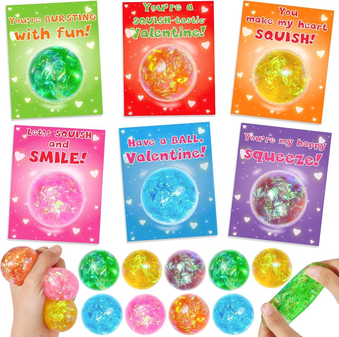 24 Pack Valentines Day Gifts for Kids Classroom Stress Balls with Valentines Cards for Kids School, Stress Relief Squeeze Toys Valentines for Class Party Favors for Boys Girls Classroom Exchange Gift