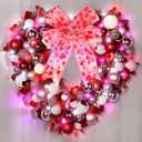 14'' Valentine Wreath Heart Door Wreath for Front Door Wall Window Romantic Decor, 2 Tier Plastic Valentines Day Love Heart Wreath with Bowknot for Valentines Day Wedding Party (Red Pink White)