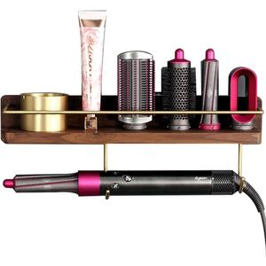 Affogato Wall Mounted Holder for Dyson Airwrap Styler Hair Curling Wand Brush Barrel Bathroom Shelf Tray Wood Stand Home Bedroom Hair Salon Storage Organizer with Hook for Comb Cream Facial Cleanser