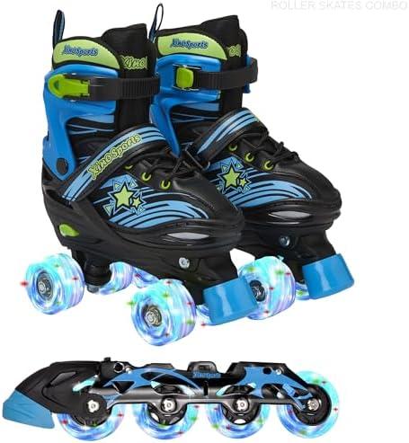XINO SPORTS 2 in 1 Combo, Kids Roller Skates | Inline Skates - Interchangeable LED Light Up Skates for Kids Ages 9-12, Teens & Adults, Inline Skates for Girls and Boys, Adjustable Roller Skates Blades