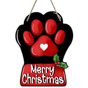 Merry Christmas Dog Cat Paw Front Door Sign, Xmas Wood Door Hanger Outdoor Porch Decor, Winter Holiday Wooden Wreath Indoor Wall Hanging Decoration Pet Lover Gifts (Red)