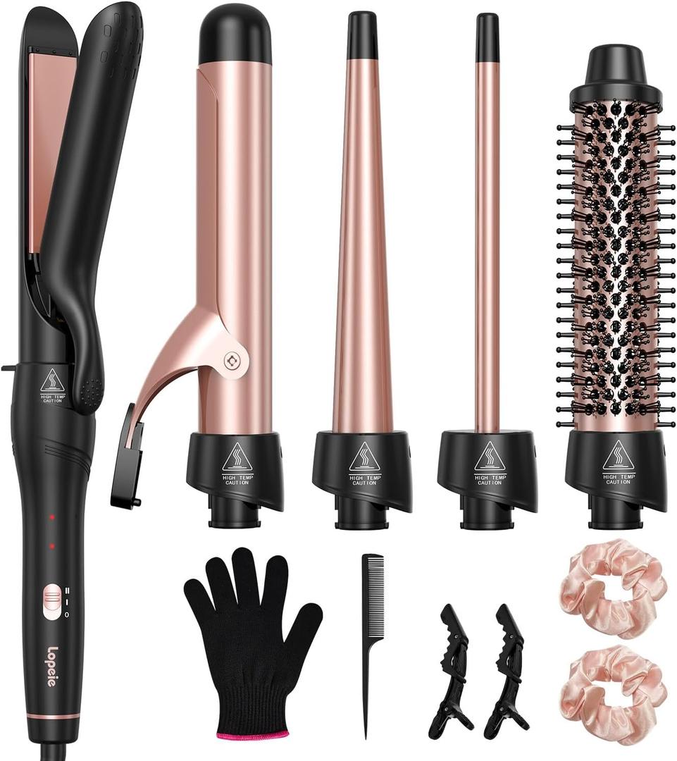 Lopeie 5 in 1 Curling Iron with Thermal Brush and 4 Interchangeable Ceramic Barrels(1/2 to 1 1/2 inch), Curling Wand Set with Flat Iron, Fast Heating, Dual Voltage Hair Curler, Mothers Day Gifts
