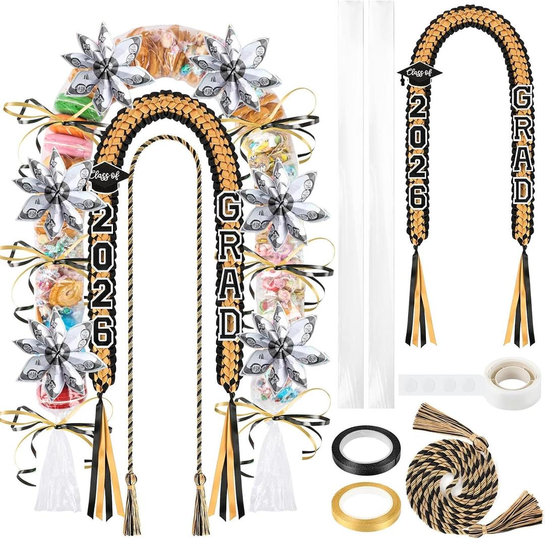 YLOLUL 16 Pcs Graduation Leis 2026 Graduation Candy Lei Kit with Honor Cord Class of 2026 Graduation Ribbon Money Lays Necklace Graduation Gift Party Accessories for Women Men