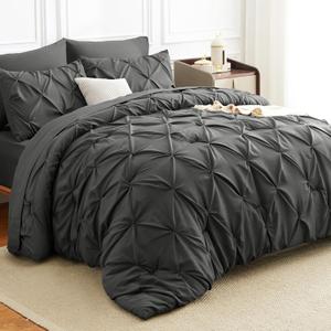 Pintuck Bed in a Bag, 7 Pieces Oversized King Comforter Set Dark Grey, Luxury Pinch Pleat Bed Set, Soft All Season Bedding Sets with Comforter, Flat Sheet, Fitted Sheet and Pillowcases & Shams