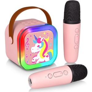 Mini Karaoke Machine with 2 Wireless Microphones, Karaoke Machine for Kids Adults, Singing Toys for Ages 3, 4, 5, 6, 7, 8 +, Best Gift for Birthday, Party, Christmas | Karaoke Machine for Girls (Pink)