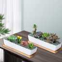 2 pcs 11.1 inch Long Rectangle White Ceramic Succulent Planter Pots/Mini Flower Plant Containers with Bamboo Saucers Plant Window Boxes for Office/Home, 11 x2.28x1.73inch