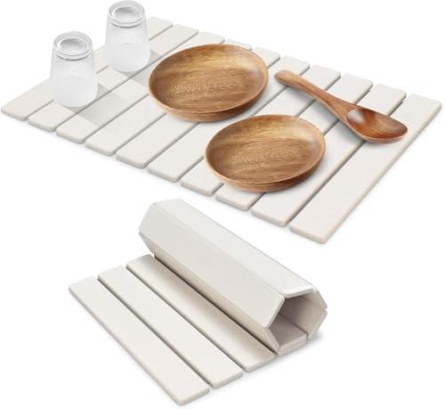 Extral Large Stone Dish Drying Mats for Kitchen Counter, 28"(L)×16"(W) Quick Dry Dish Drying Mat, Collapsible Eco-Friendly Absorbent Diatomaceous Earth Mat for Dishes Cups, Match Any Countertop