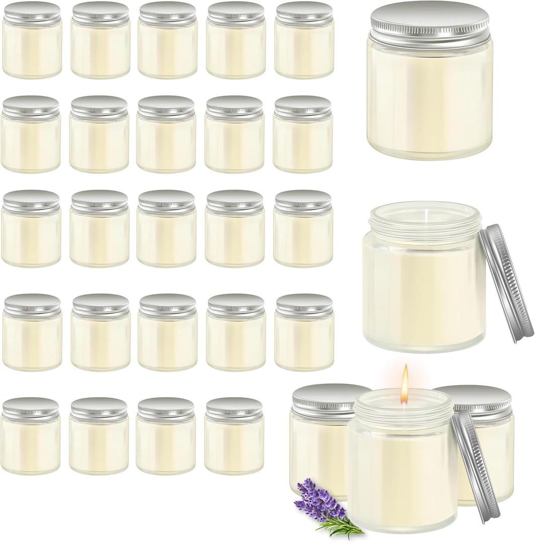 24 Pcs 4 Oz Mason Jar Candles, Lavender Scented Soy Candles Bulk Set for Stress Relief and Relaxation, Great Favors for Wedding, Christmas, Housewarming Gifts (Silver-Lavender, 24)