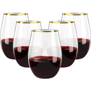 FOCUSLINE 20pcs 16 Oz Plastic Wine Glasses, Stemless Gold Rim, Heavy Duty Disposable Drinking Cups, Reusable Shatterproof for Party & Wedding