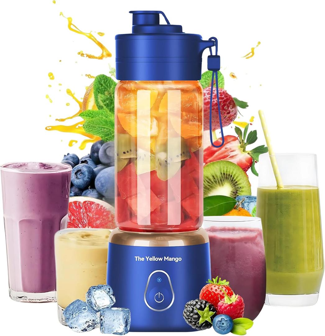Portable Glass Blender Cup, Electric USB Mini Juicer Blender for Shakes and Smoothies, 500ml, 12 Stainless Steel Blades, Rechargeable, Lightweight, Black, Ideal for Travel & Gym (Blue)