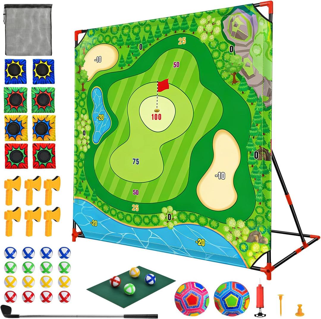 DyBaxa Golf Chipping Game - Golf Battle Game for Kids & Adults, 54*54 Golf Target Mat with 16 Sticky Balls, 8 Bean Bag, 6 Axe, 2 Soccer, Perfect for Family Fun, Outdoor Lawn, Backyard Party Activities
