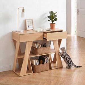 Wood Console Table, 40 Inch Light Oak Entryway Table with Drawers and Storage, Narrow Sofa Table Behind Couch for Living Room, Farmhouse Hallway Table