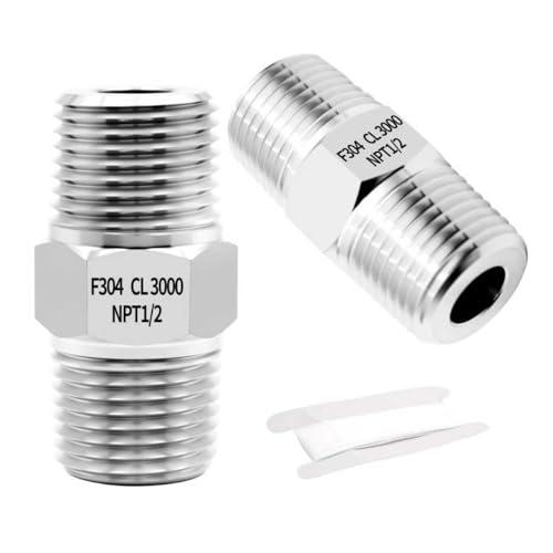 SummerHolz 1/2" NPT Hex Nipple, 304 Stainless Steel Male-to-Male Threaded Pipe Fitting for Air Compressor, Pneumatic, Hydraulic & Industrial Lines, 2-Pack