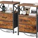 Huuger Nightstands Set of 2, Night Stand with Charger Station, 2 Drawer Side Table with Open Shelf, USB-C Port, End Table for Small Spaces, X Shaped Side Rail, Rustic Brown