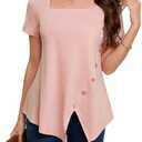BKHOLL Women's Square Neck Short Sleeve Blouse Loose Fit Stretchy Casual Top Soft Breathable Vacation Shirt for Summer Pink M 2 ct