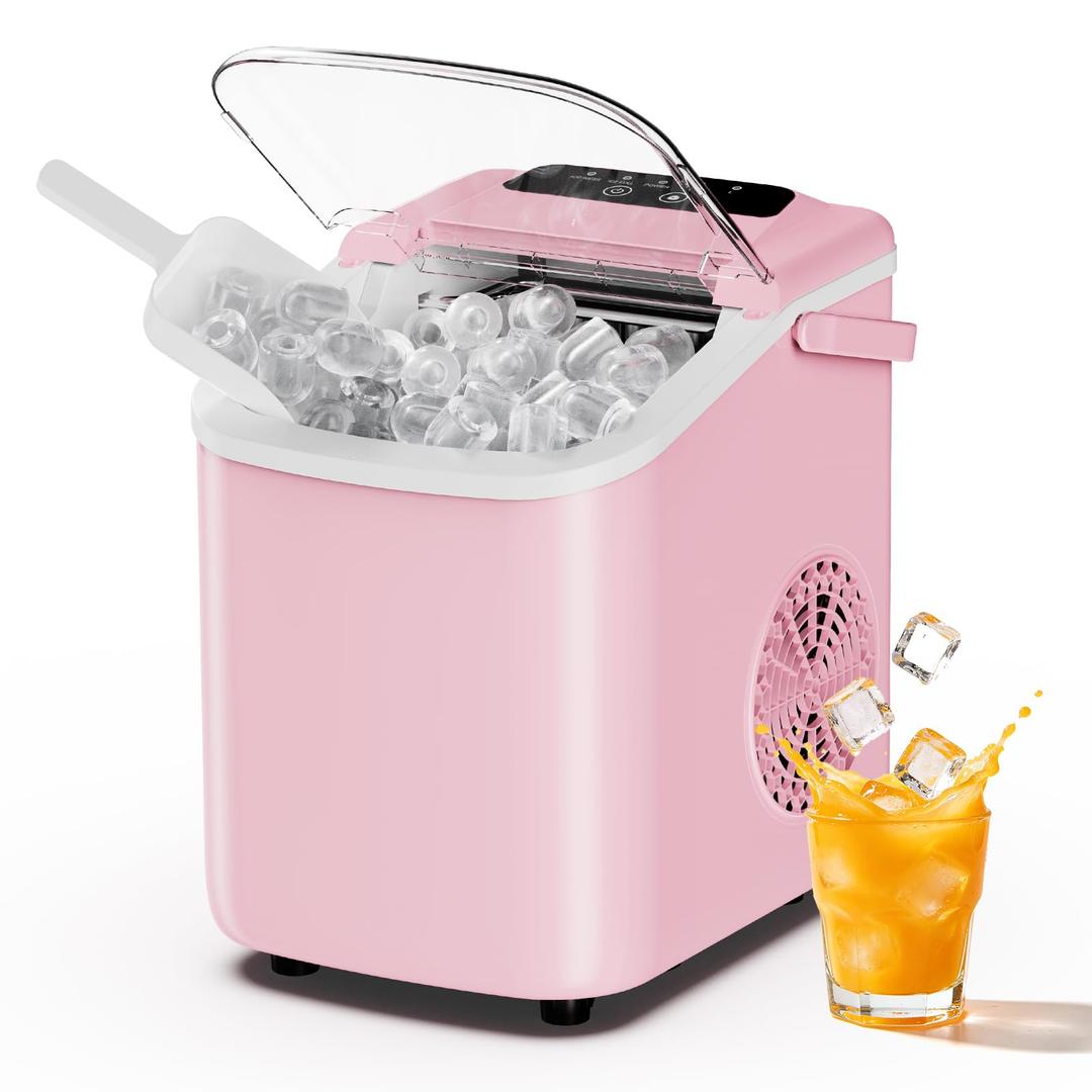 Sweetcrispy Countertop Ice Maker with Scoop, Basket and Handle, Portable Ice Machine 9 Cubes Ready in 6 Mins, 26.5lbs in 24Hrs, 2 Sizes for Home Kitchen Office Bar Party