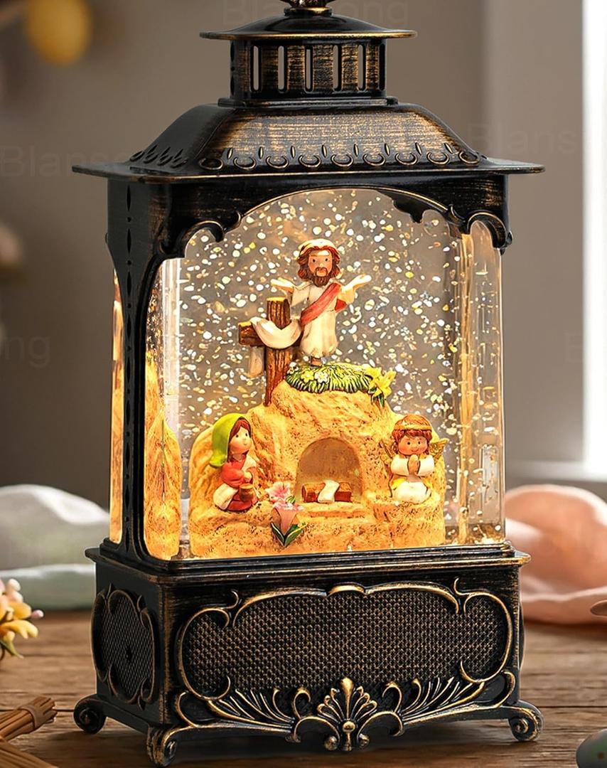 Empty Tomb Easter Scene and Cross Decoration Easter Snow Globe Resurrection Scene Cross Jesus Tomb Tray Jesus Nativity Scene Easter Decorations for Home Christian Gifts