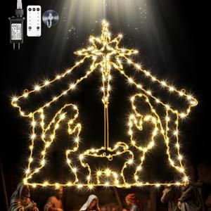 26.4" Christmas Window Lights, Large Light up Nativity Scene Lighted with 260 LED & Remote, Star of Bethlehem Xmas Window Decorations Plug in for Decor Holiday Outdoor Indoor Home (White)