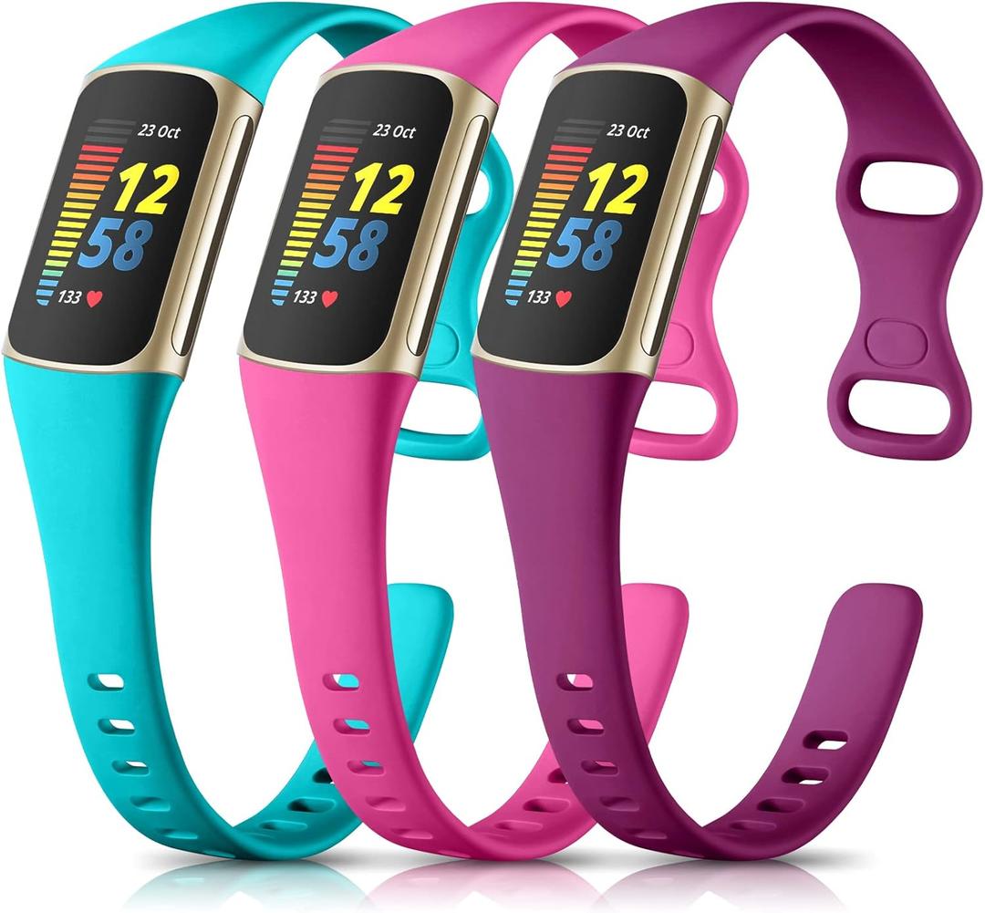 Maledan Sport Band Compatible with Fitbit Charge 5 Bands/Charge 6 Bands for Women Men, Waterproof Silicone Slim Thin Wristband Replacement for Fitbit Charge 5 Fitness Tracker, 3 Pack Fuchsia/Rose/Teal