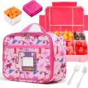 Kids Dinosaur Lunch Bag with Reusable Bento Box, Insulated & Leak-Proof Lunch Container Set with Name Tag, 6 Compartments, Fork & Spoon, Ideal for School, Travel, and Picnics (Pink Dinosaur)