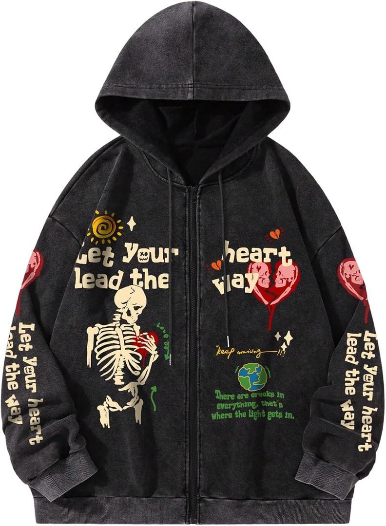 SOLY HUX Men's Graphic Zip Up Hoodie Y2k Gothic Long Sleeve Hooded Sweatshirt Jacket Streetwear Black Graphic Small (Gray, S)