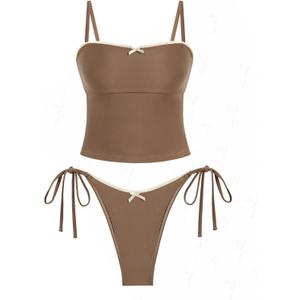 seamoly Womens Cute Tankini Set Gingham Two Piece Swimsuits with Bow Back Tie Side Bottom (Brown, XL)