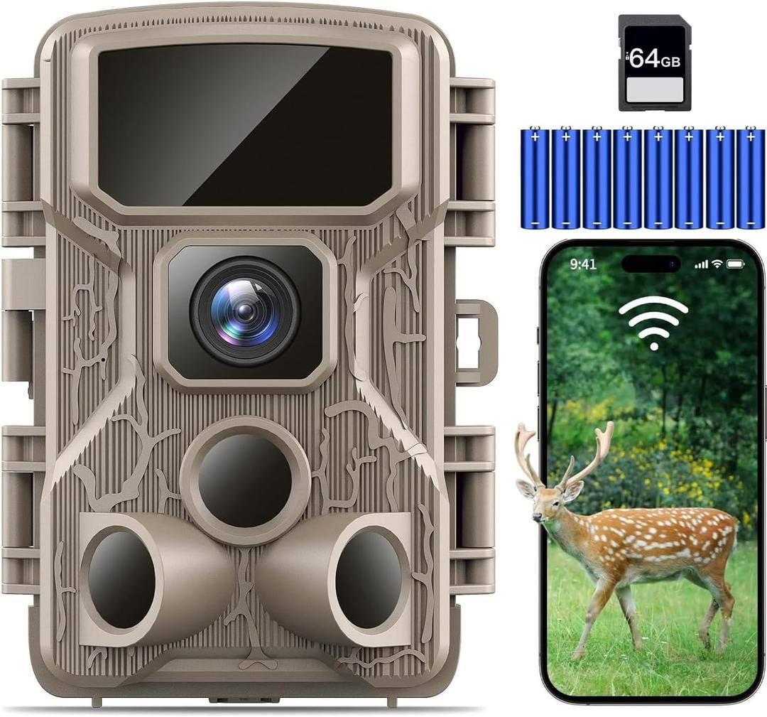 Trail Camera WiFi 4K 64MP with 64GB Memory Card 8 Batteries and Night Vision Ip67 Waterproof 130Wide Angle 0.1s Trigger Speed, Suitable for Outdoor Wildlife Detection, Monitoring Game Cam
