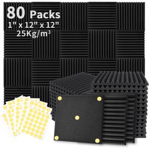 Focusound 80 Pack Acoustic Foam Panels 1" x 12" x 12" Sound Proof Foam Panles Soundproofing Noise Cancelling Wedge Panels for Home Office Recoding Studio with 420PCS Double-Side Adhesive