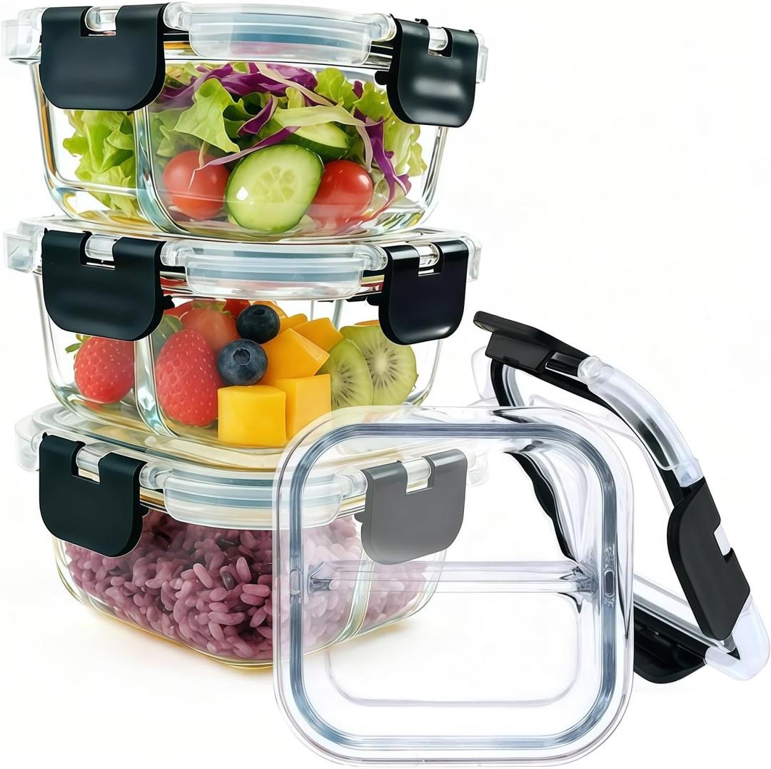 Bariatric Meal Prep Containers, 8 oz Bariatric Portion Control Food Storage Containers with Two 4 oz Compartments (3 Pack), Reusable Glass Snack Containers with BPA Free Airtight Lids (Black)