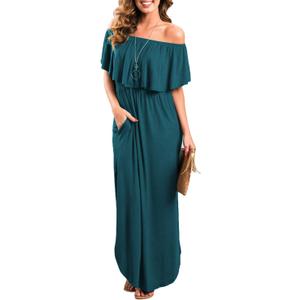 Womens Off The Shoulder Ruffle Party Dress Side Split Beach Long Maxi Dresses Acie Blue M
