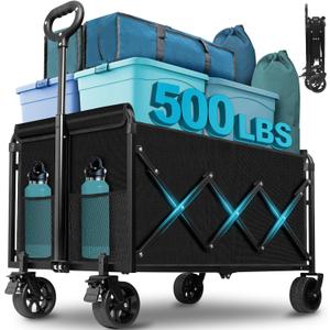 Collapsible Wagon Cart with Wheels Foldable: 500LBS Heavy Duty Folding Utility Wagon - Portable All Terrain Grocery Wagon Cart for Groceries Shopping Outdoor Camping Sports (Black-500Lbs)