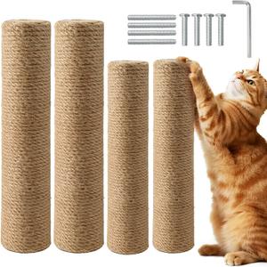 4 Pack Cat Scratching Post Replacement, 15.7 x 3.1 Inch Sisal Poles with M8 Screws, Refill Parts for Indoor Cat Towers and Furniture RepairBrown