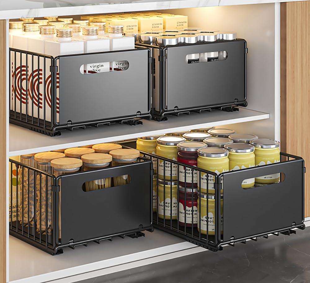 Pull Out Cabinet Organizer Slide Out Drawer Storage Shelves Cupboard Organiser Sliding Cabinet Basket for Kitchen No Drilling and Nailing (Black, 4Piece 9.8" W X15 D X 7.5" H)