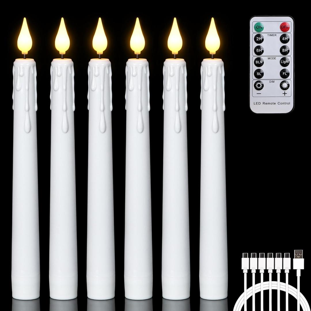 FREEPOWER 6PCS Rechargeable LED Flameless Taper Candles with Remote Timer,Battery Operated Flickering Realistic Window Candles with 3D Wick for Home Wedding Christmas Decor,0.78 X 8.26 Inch(White)