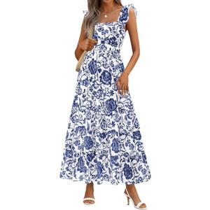BTFBM Summer Dresses for Women 2026 Sleeveless Boho Floral Maxi Wedding Guest Dress Beach Vacation Clothes with Pockets (Medium, Floral White Blue)